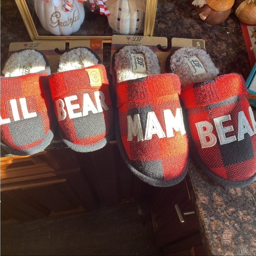 Womens & Kids Dearfoams Buffalo Plaid Bear Slip On Slippers‎ Sz: S(5/6) K(9/10)